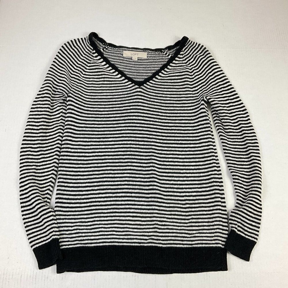 LOFT Womens V-Neck Tunic Sweater Striped Stretch Knit Pullover Long Sleeve XS